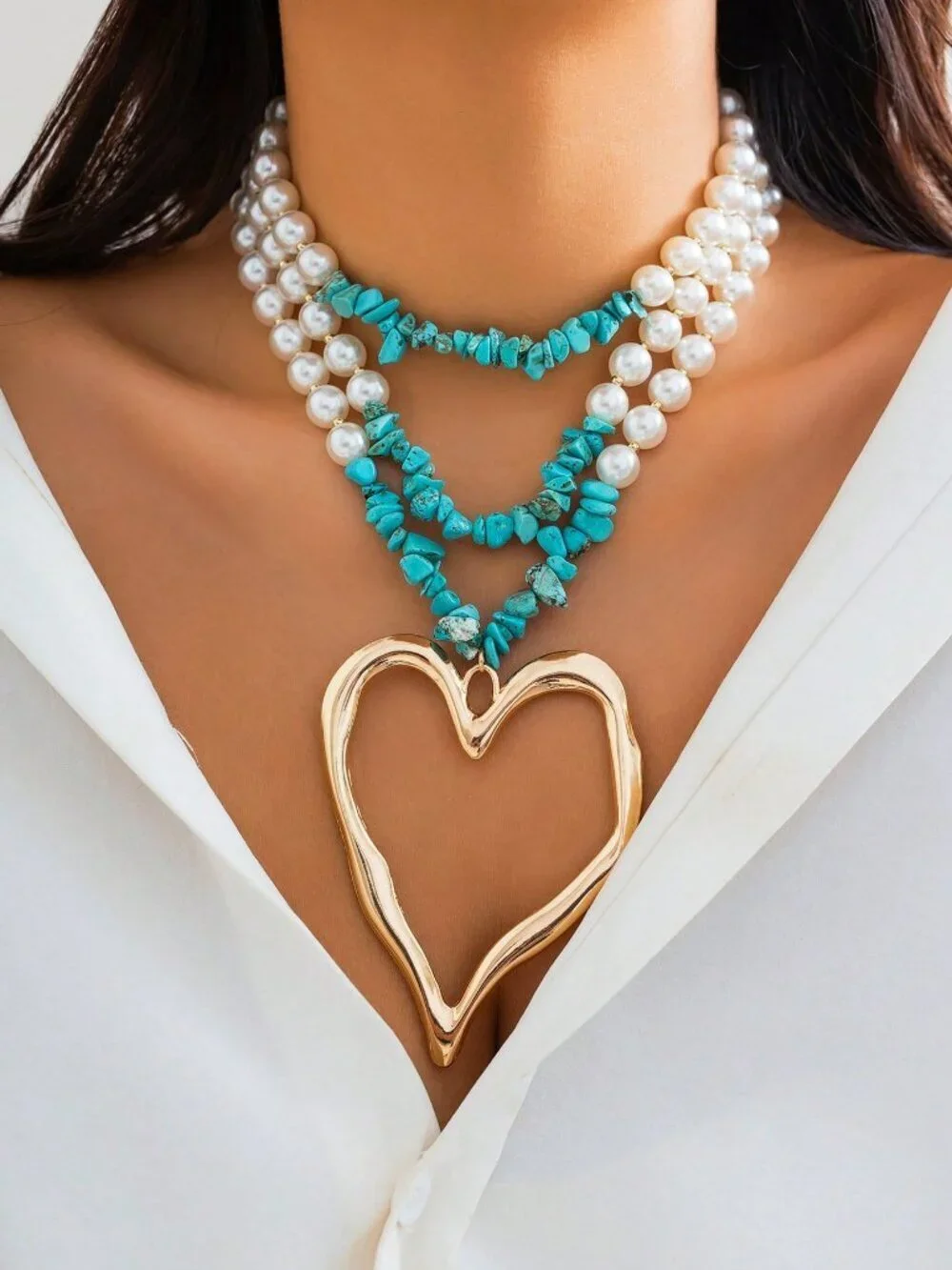 Multicolor Boho Women's Necklace with Turquoise Faux Pearl Heart Pendant